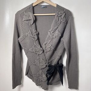 Okcu Trilogy  Sweater Wrap Side Tie Merino Wool Taupe Gray Lagen Career Classy M